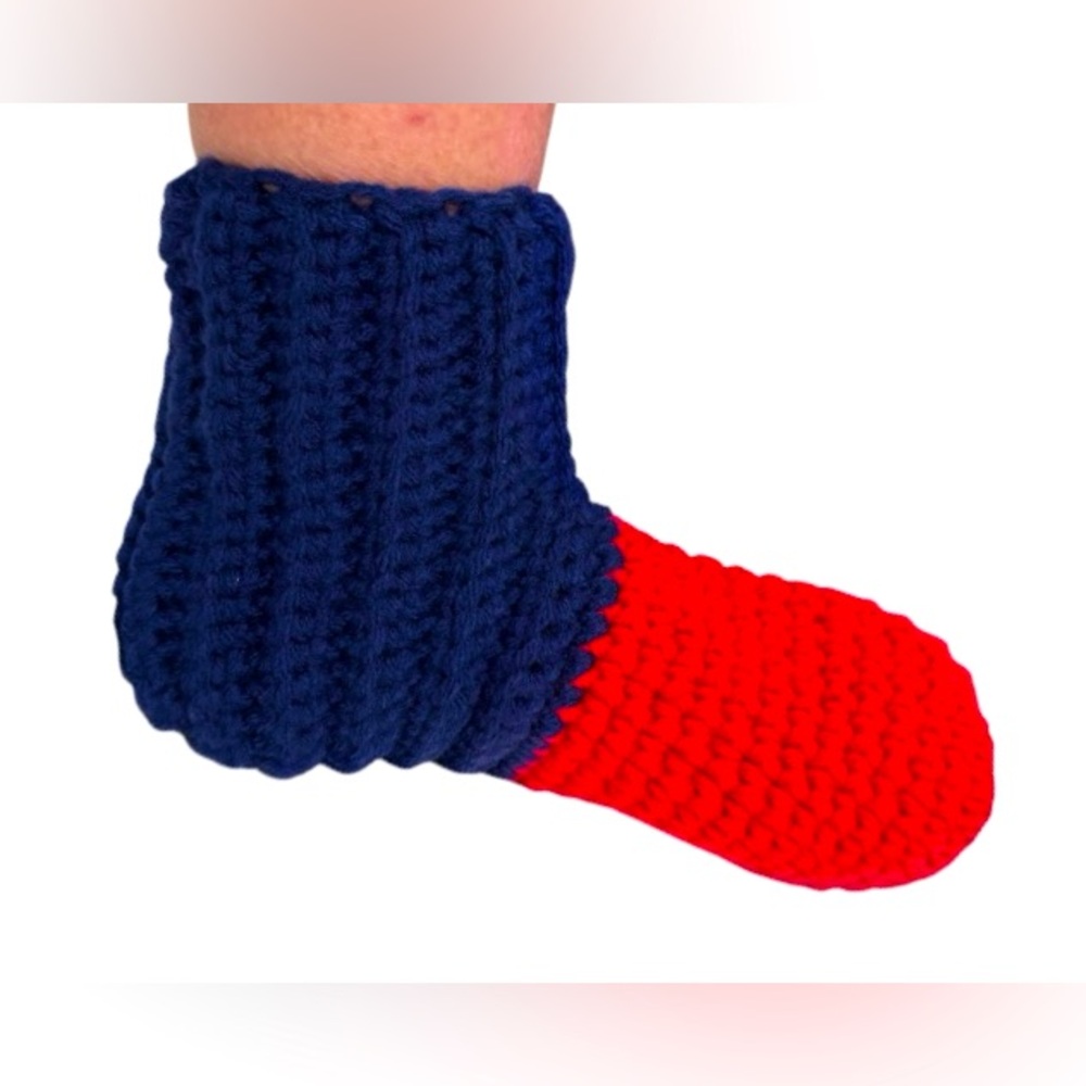 Hand knit crotchet red blue ole miss colors booties socks women’s size 8 9